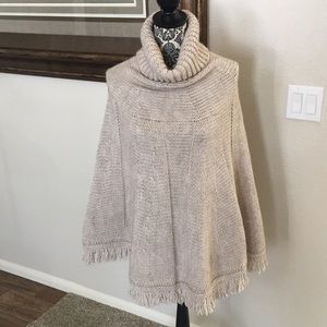 Iperico poncho. Cowl neck. Wool blend. Washable. Tan. Fringed. Italy. OS